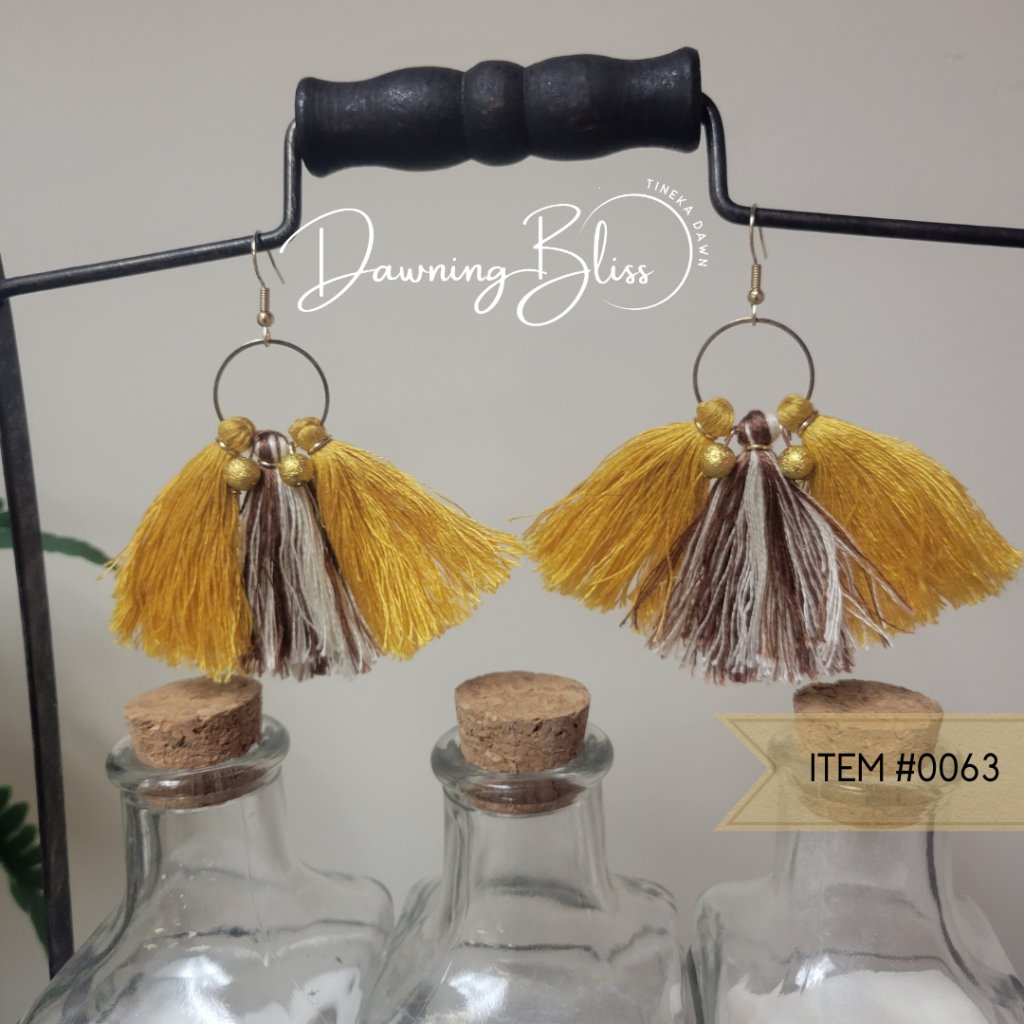 Fall Fringe Dangle Hoop Earrings- Gold Brown Yellow Bead- Tineka Dawn